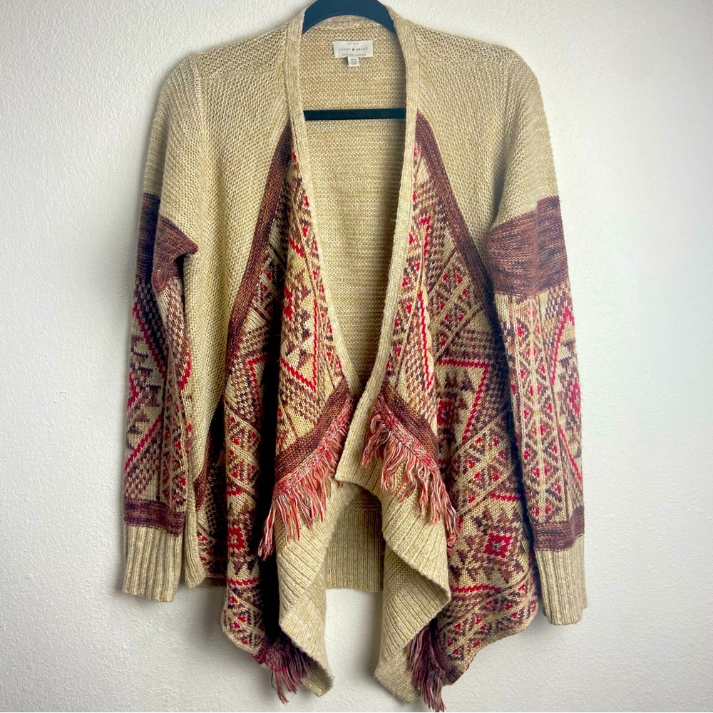 Lucky Brand Open Front Cardigan Aztec Fringe Design Tan/Red Sweater Sz M